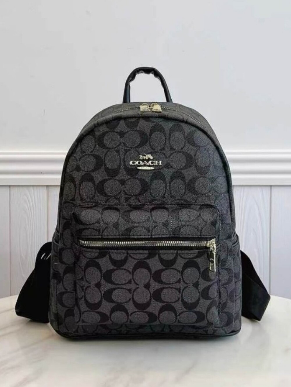 Coach Black Signature Canvas Backpack with Silver Hardware
